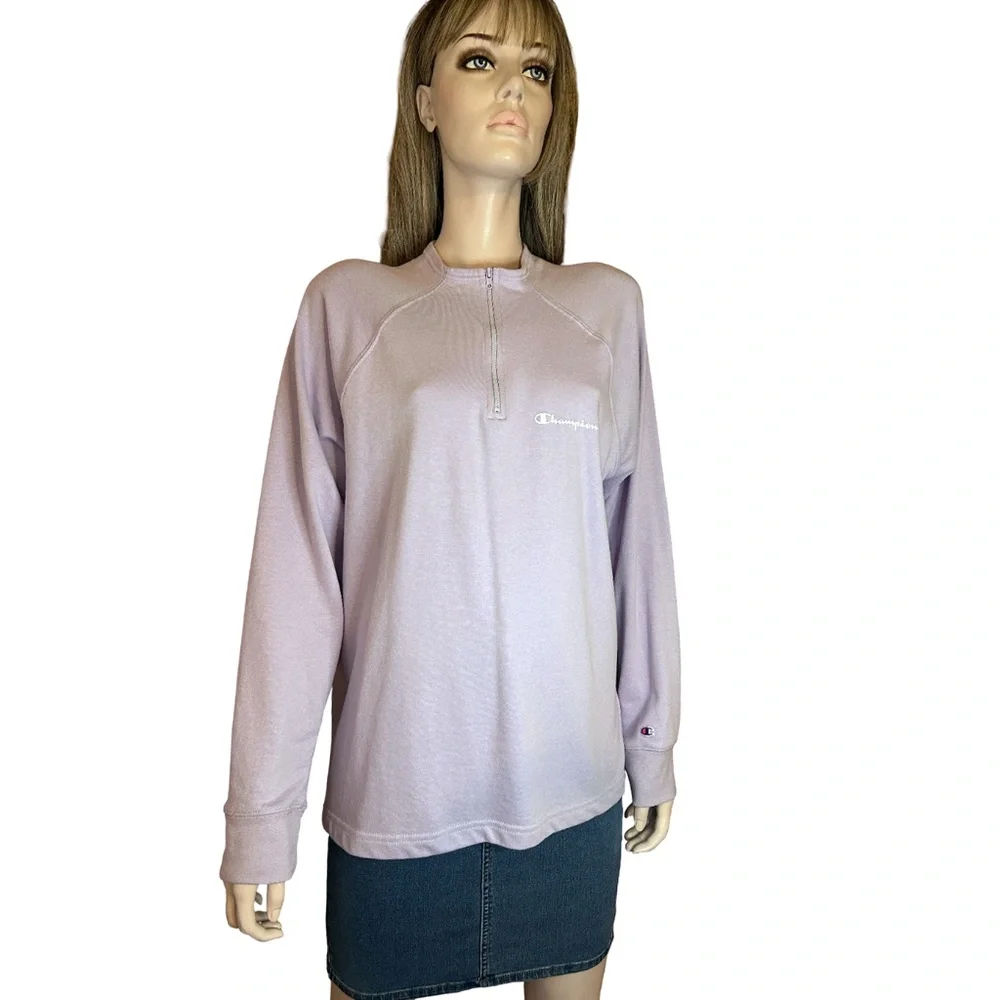 Champion Sweatshirt Top Pullover Sweater Lilac ¼ Zip Front Long Sleeve Branded - Picture 4 of 12